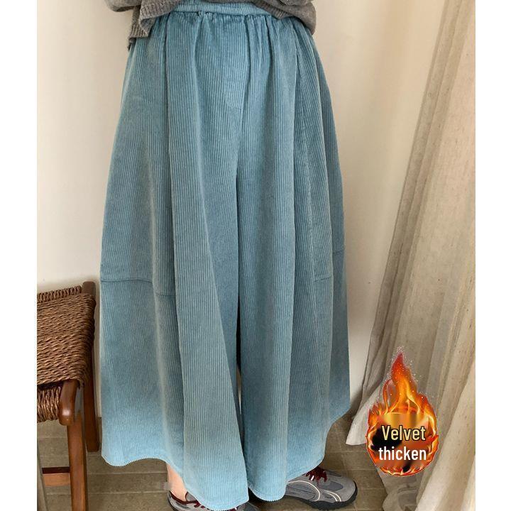 Korean Style Slimming Wide-Leg Corduroy Wool Pants for Women