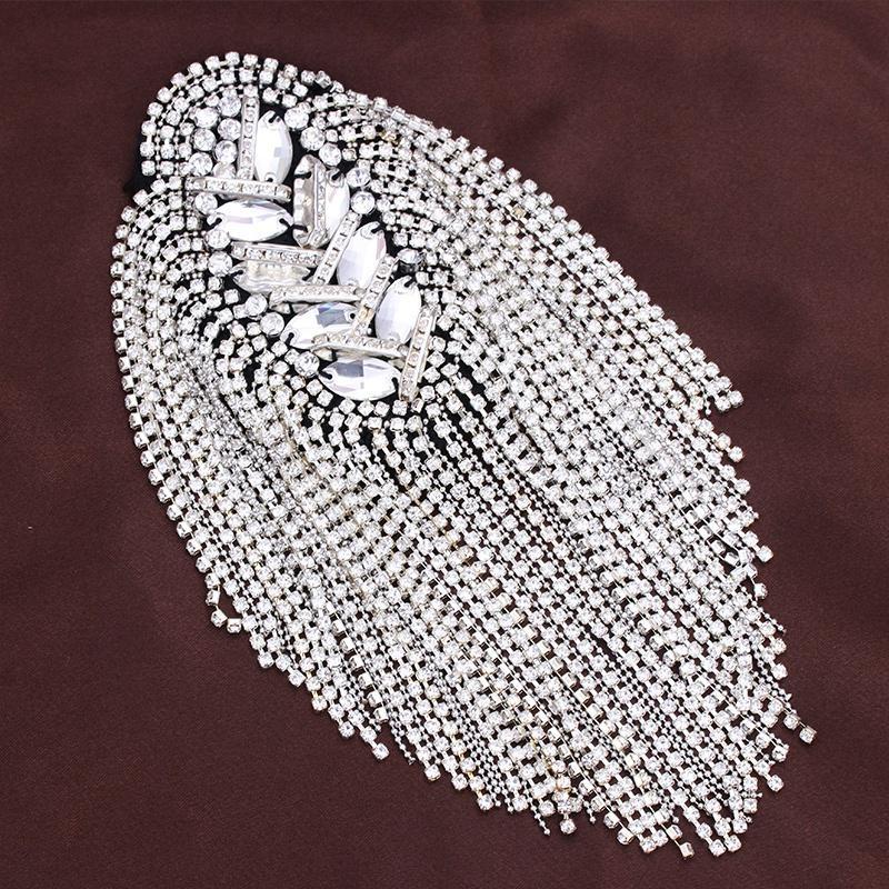 1Pc Rhinestone Beaded Epaulette Punk Coat Suit DIY Chain Tassel Badge Shoulder Patches Appliques Tassel Trim Crystal Decor