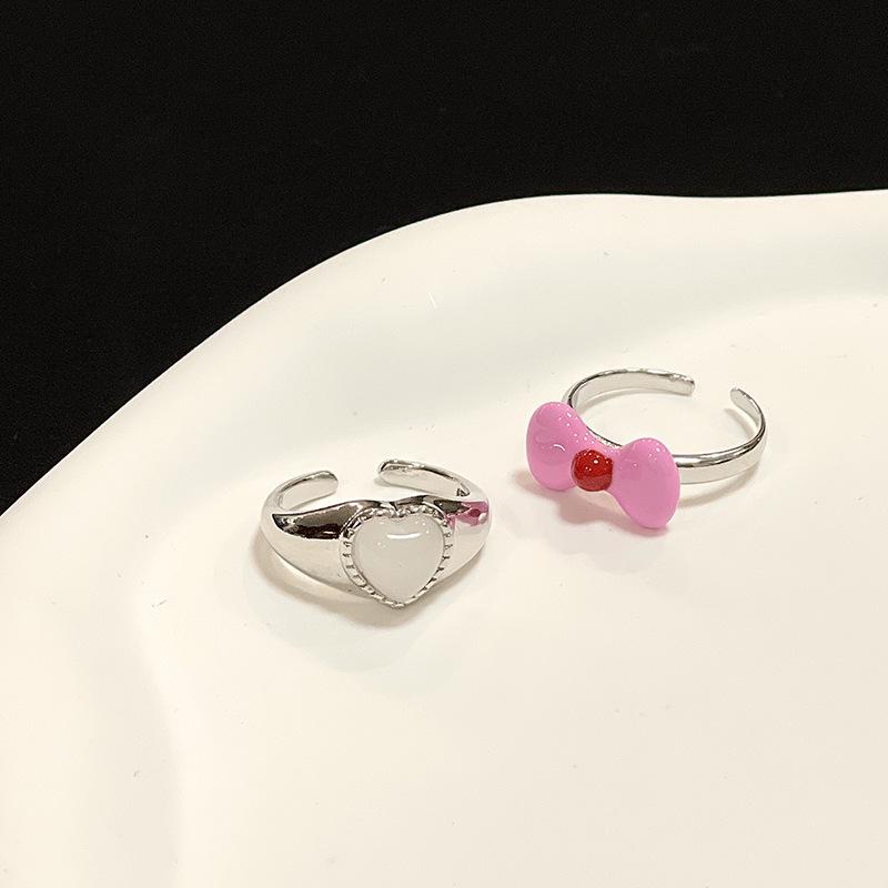 Bow Love Moonstone Open Ring Women'S Niche Design Sense Index Finger Ring Fashion Personality Adjustable Ring