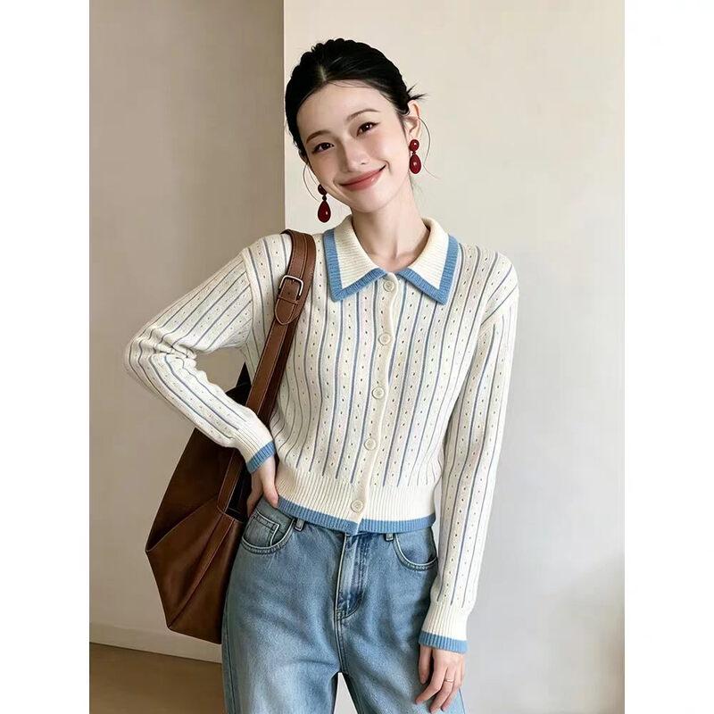 Zuose Women's Striped POLO Collar Knit Cardigan