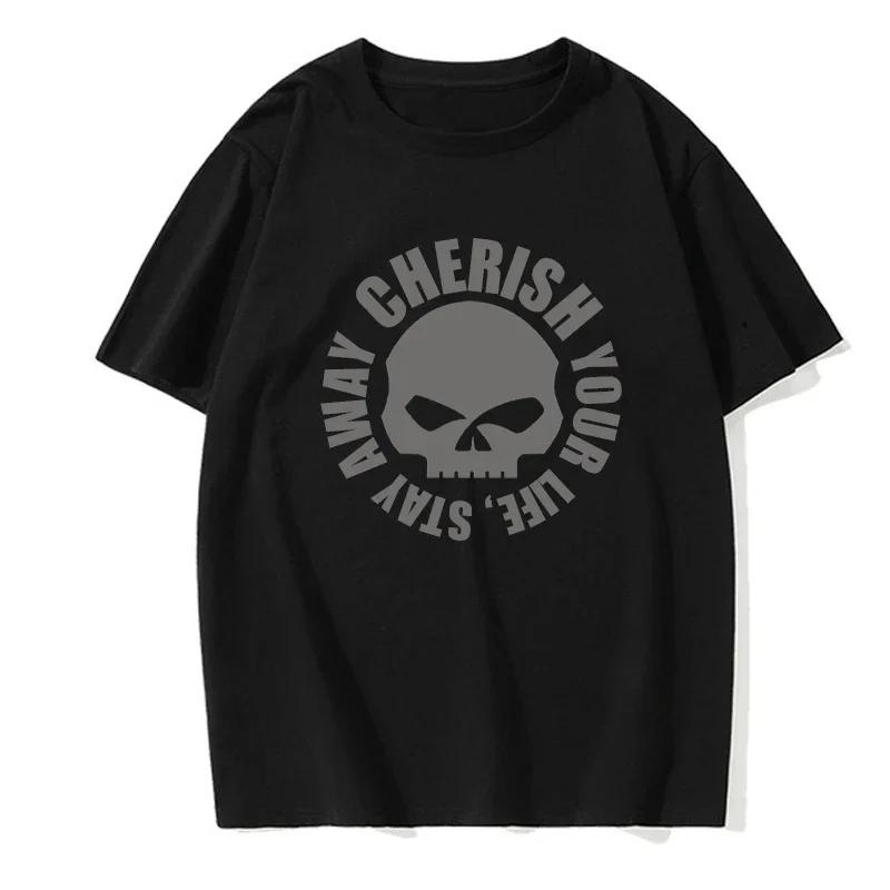 Men's Summer T-shirt Letter Skull Pattern Printed Solid Color Round Neck Solid Color Fashion Casual T-shirt Men's Top