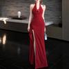 Three-dimensional Flower Red Halter Neck Dress Female Summer Slim Fashion Long Skirt Sexy Waist Split Hip Skirt