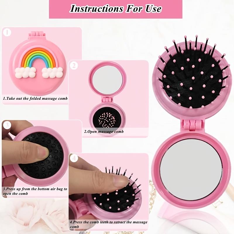 Folding Cute Mini Pocket Hair Comb With Mirror For Women And Girls Round Hair Brush Compact Travel Size Hair Massage Comb