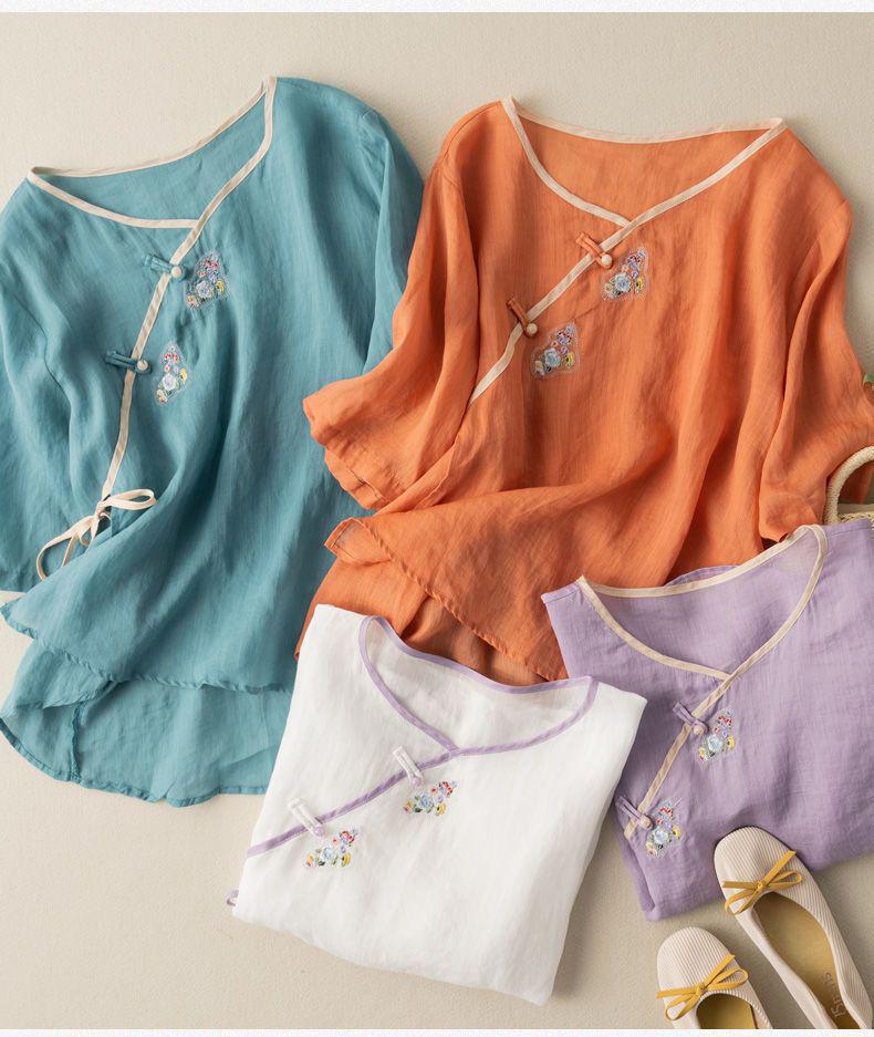 2024 Women's Cotton-Linen Embroidered Short Sleeve Shirt with Oblique Collar