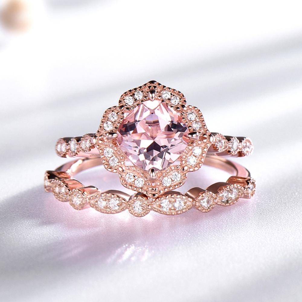 Set de inele florale rafinate 2-în-1 Nano Morganite, cadou pentru propunerea de Valentine, bijuterii pentru femeie