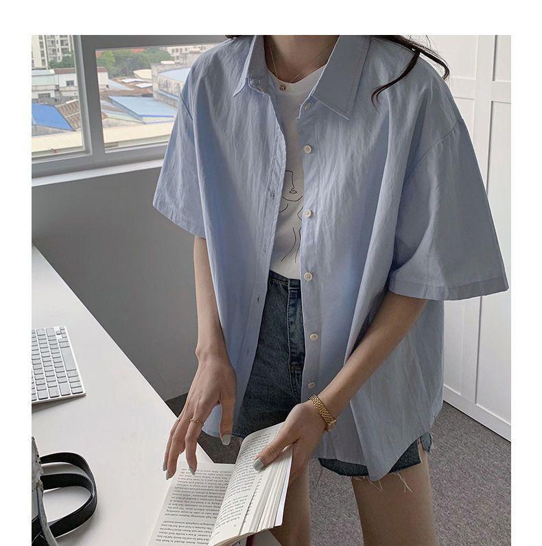 Bílá košile s krátkým rukávem, Dámská jarní a letní retro všestranná volná a zeštíhlující košile top