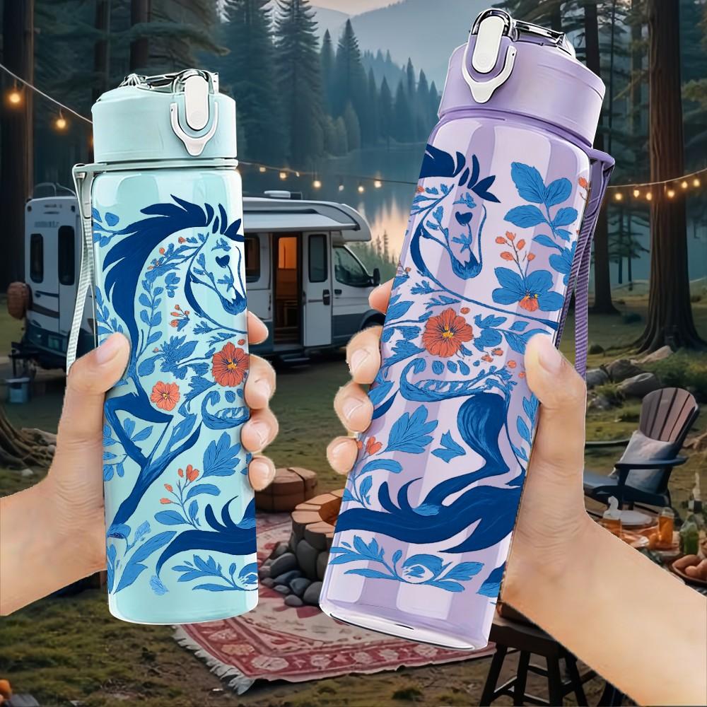 1PC Blue Dragon Traditional Art 750ml Color Plastic Sports Water Bottle Leakproof Flip Straw Lid Suitable for Sports Office Home Use