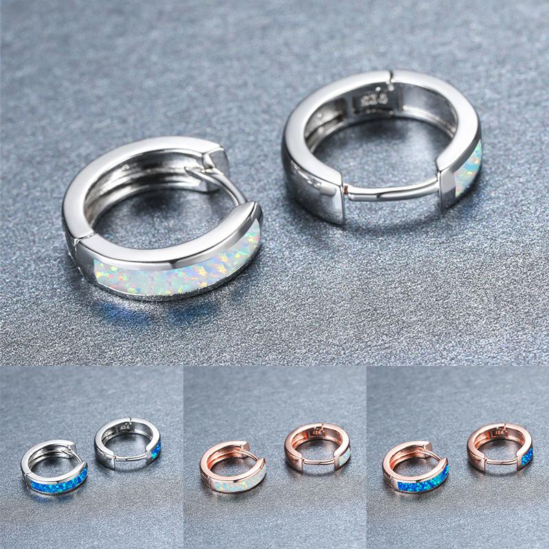 Classic Female Blue White Opal  Rose Gold Silver Color Wedding Earrings Dainty Bridal Round Hoop Earrings For Women