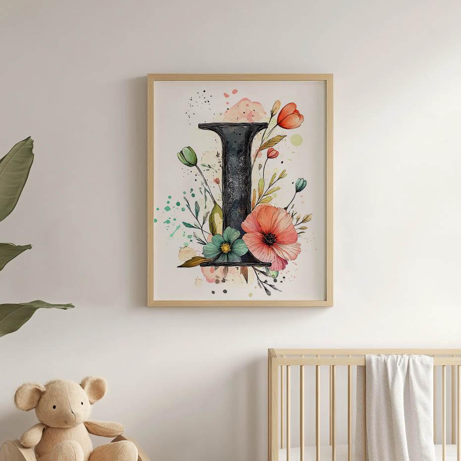 Plakat Litera "I" Z Kwiatami Plakat Litera "I" Z Kwiatami, 30X40 Cm, Rama Drewniana Ciemny Brąz, Papier Matowy 230 Gsm