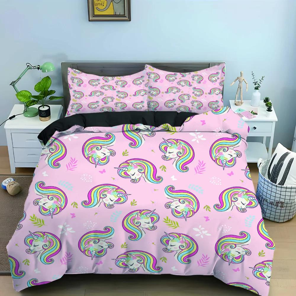 Kreskówkowy Jednorożec Różowy Król Królowa Poszewka na Kołdrę Dzieci Dziewczynki Uroczy Zwierzęcy Komplet Pościeli Tęczowa Poszewka na Kołdrę Poliestrowa Poszewka na Kołdrę