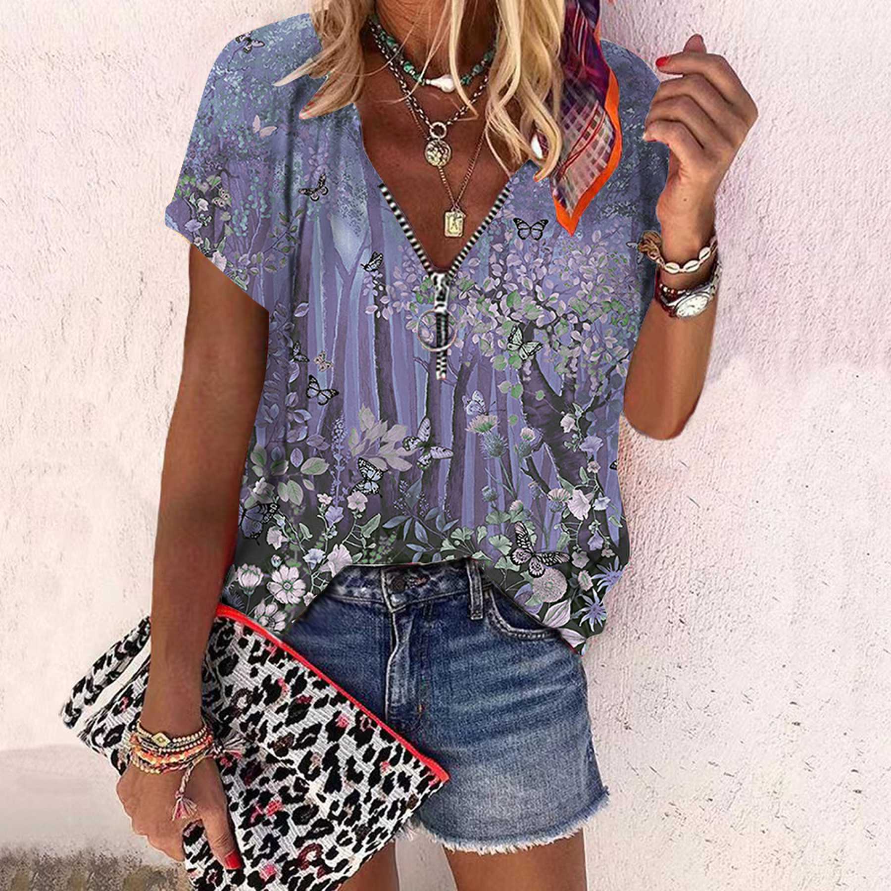 

Женский топ, летний новый модный топ с красивым лесным принтом, повседневный топ на молнии с v-образным вырезом и короткими рукавами 8XL серый