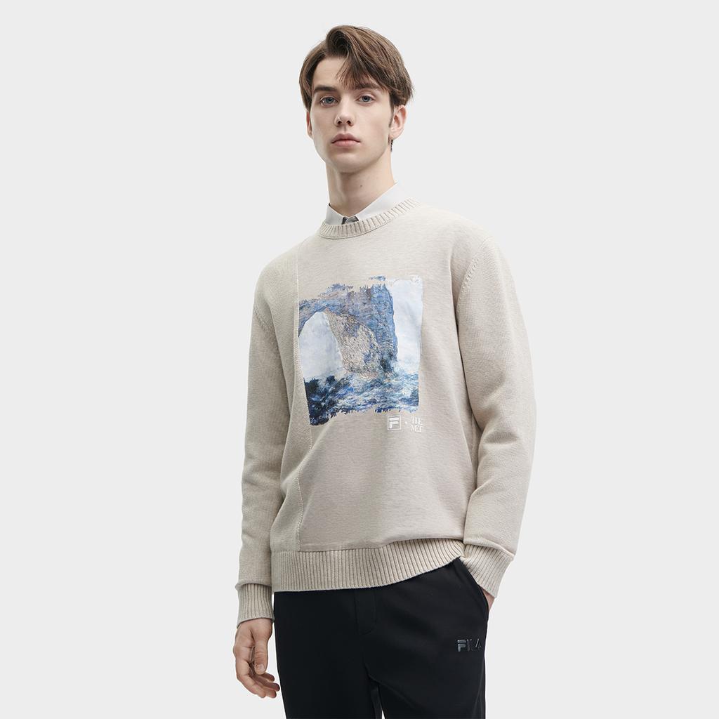 Fila 2023 Winter New Simple Loose Knit Sweater With Monet Print Round Neck Long Sleeve Men Sweater Soft-Khaki Flower-Gray F11M348401F-LK