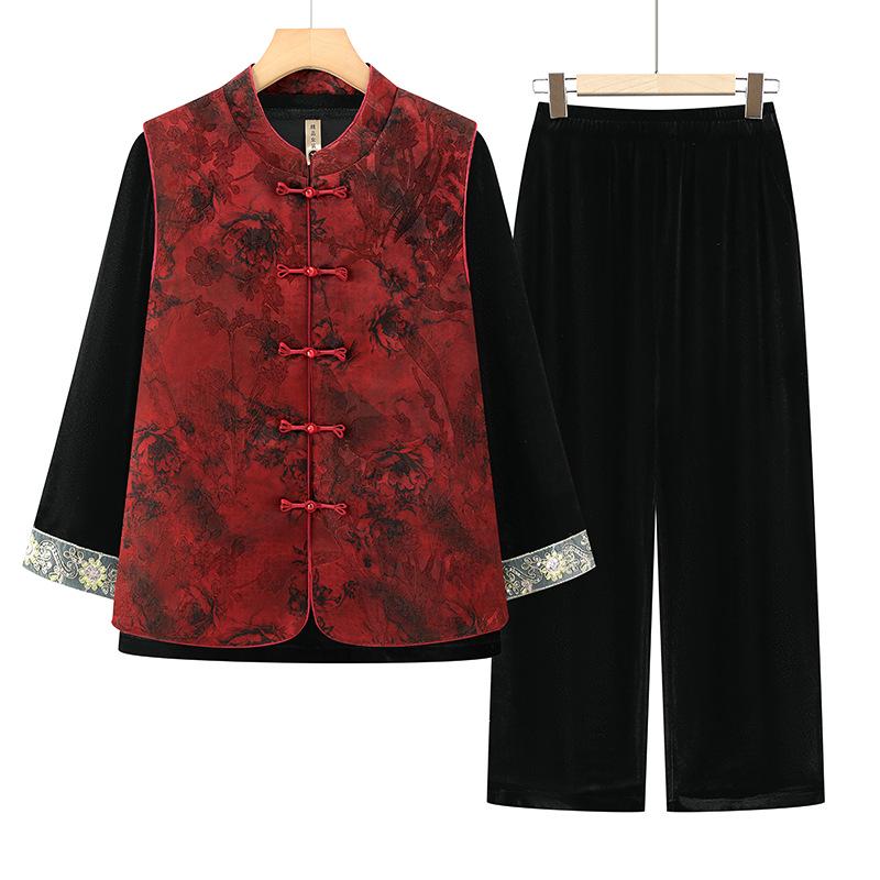 

Mom s Chinese Style Velvet Fashion Set: Spring/Autumn Grandma Three-Piece Vest Outfit 4XL (135-150 jin)