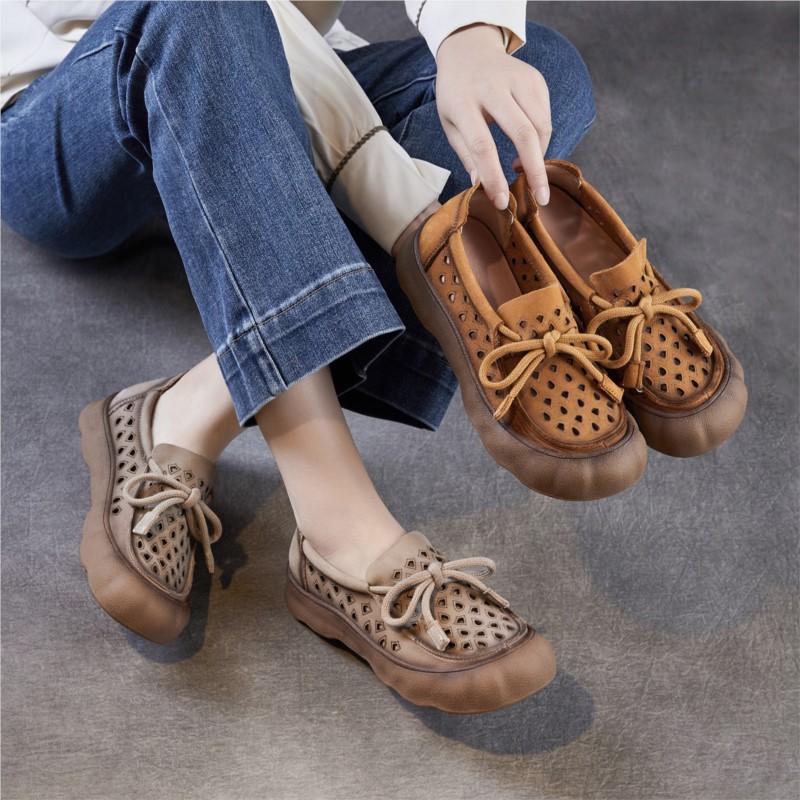 Johnature Retro Hollow-out Breathable Genuine Leather Shoes With Soft Soled Women's Slip-on Shoes