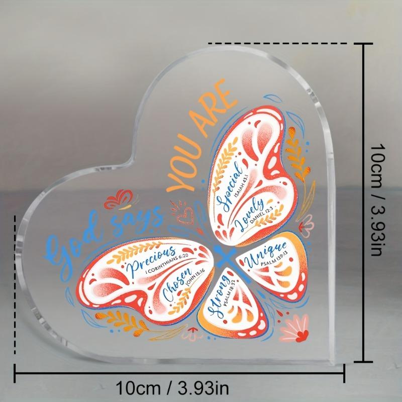 2D Flat, Christian Bible Verse Heart Acrylic Tabletop Decor Plaque, Butterfly Design, Home Decor Plaque Hanging Wall Art Decorative Garden Decoration
