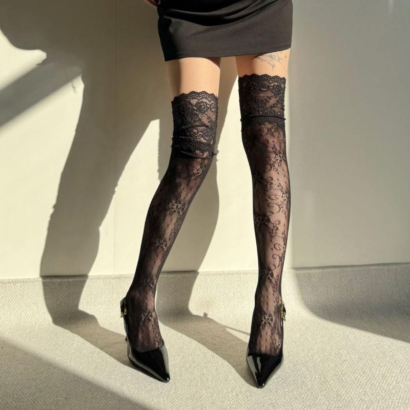 Jk Girls Mid-tube Stockings Sexy Lace Ultra-thin Calf Socks Soft Hollow Out Socks