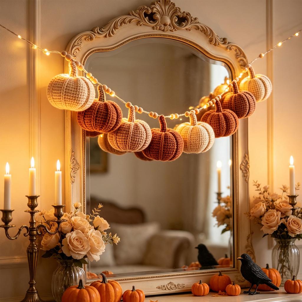 Knitted Pumpkin String Lights, 10ft 20 LED Fall Halloween Garland for Home Party Decor