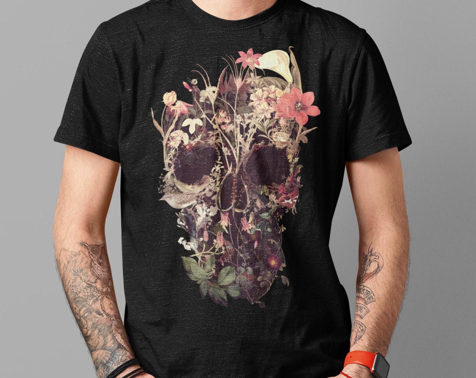 Bloom Skull Men s T-Shirt: Sugar Skull Art Print, Gothic Bella Canvas Shirt XL