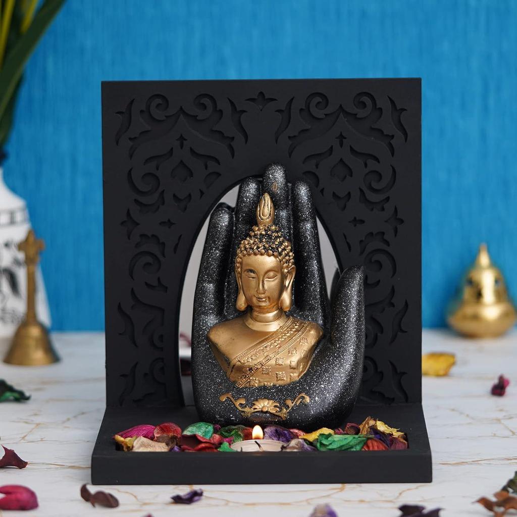 Grey Golden Resin Palm Lord Buddha Idol Tea Light Candle Holder| Gautam Buddha Statue Tea Light Holder Diwali Decoration Items