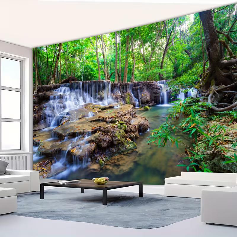 2D Rainforest Waterfall Backdrop Tapestry - Tropical Forest Waterfall Nature Landscape for Aesthetic Room Decor