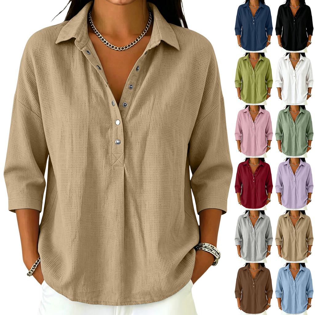 Women's Casual V Neck Button Down Waffle Knit Top Three Quarter Sleeve Relaxed Fit Lightweight Shirt for Everyday Wear