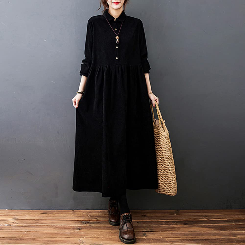 Corduroy Shirt Loose Long Maxi Plus Solid with Pockets 6 [YYQ-SHOP] Women's Dress, Fit, Sleeves, Length, Spring, Autumn, Winter, Sizes, A-Line,