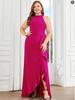 European & American Split Fashion Solid Color Round Neck Long Dress