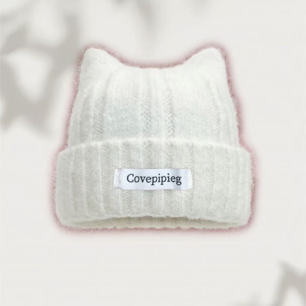 Cat Ear Beanie for Women Winter Warm Ear Protection Hat Solid Color Crochet Bonnet Sweet Girl Knit Pullover Cap Skullcaps