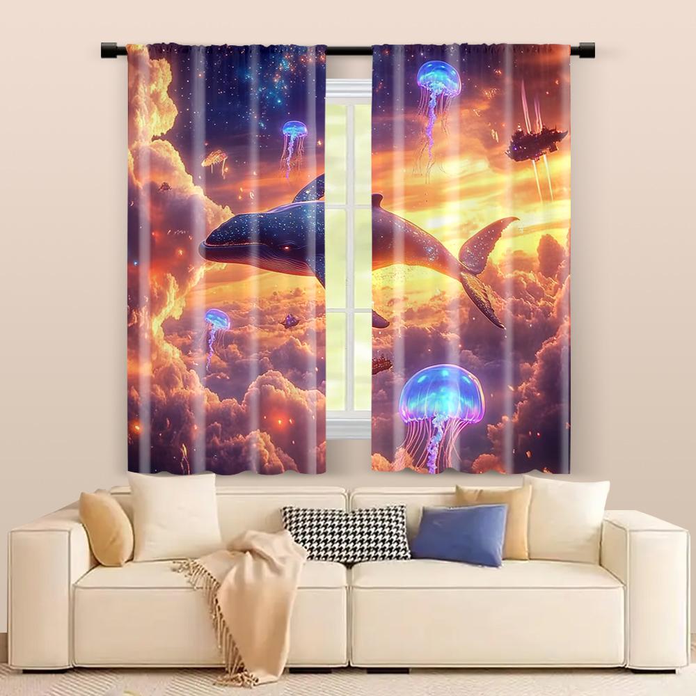Filtering Curtains Excluding Rods Non Movable Without Batteries Charming Flying Whales Jellyfish Use Set Of 2 Made Polyester