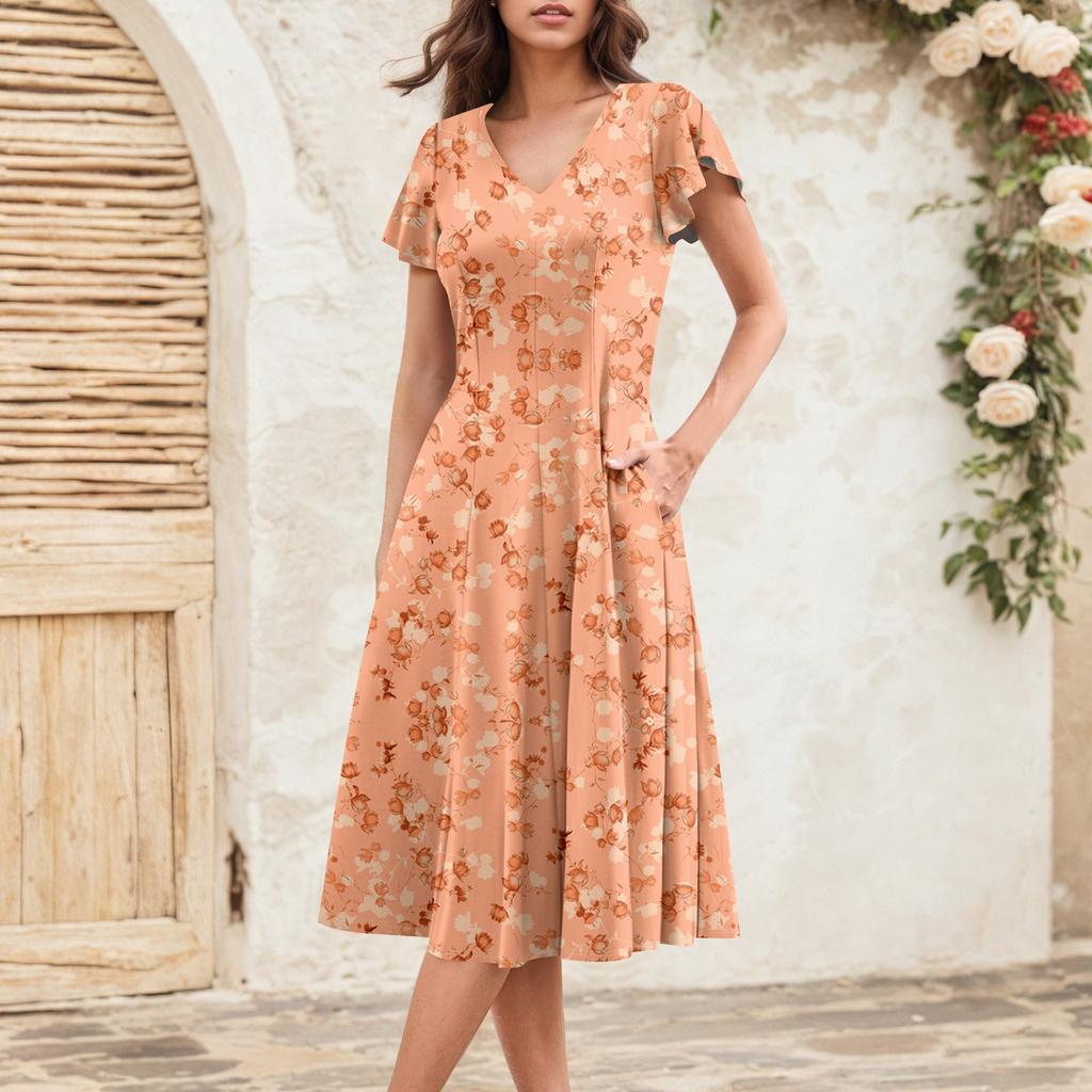 Rochie Midi Elegantă Retro de Vară pentru Femei cu Mâneci Volan V-Gât