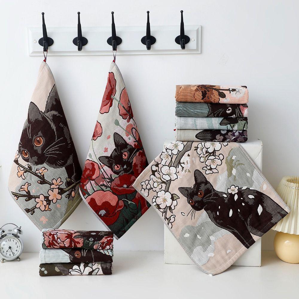 Cute 34x40cm Large Hand Towel Cat Pattern 4 Layer Cotton Gauze Kitchen Towel Decorative Quick Dry Tea Towel Home Restaurant