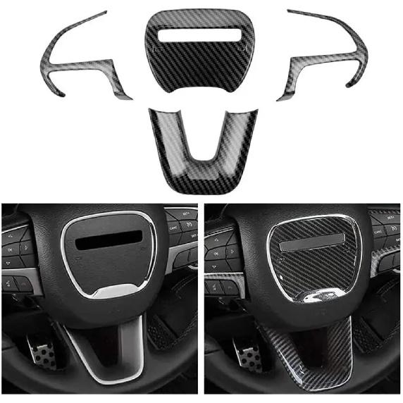 Fit for Dodge Challenger Charger 2015-2021 ABS Interior Steering Wheel Trim Cover Button Frame Sticker Decoration(Carbon)