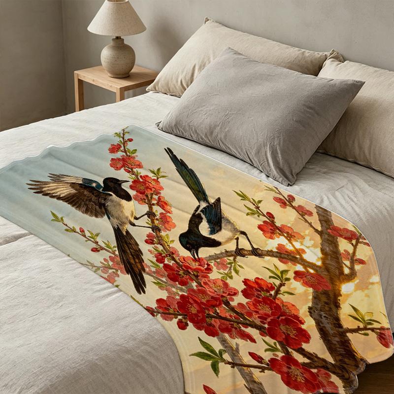 Magpie Floral Print Flannel Fleece Blanket High-Density Plush, Warm & Cozy Throw for Home, Christmas & Halloween