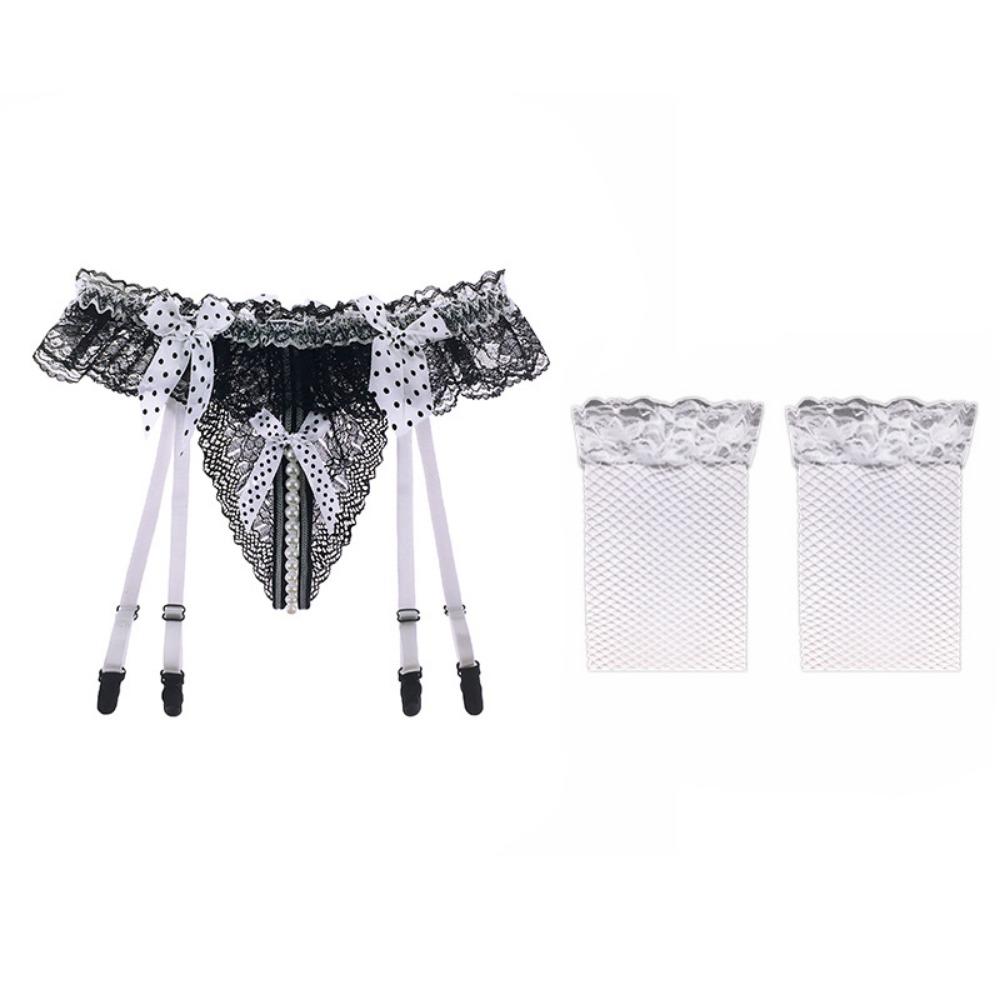 Sexy Perspective Lace Garter Belt Women's Ultra-thin Stockings Set, Fun Open Crotch Pearl Massage Garter Socks with T-pants