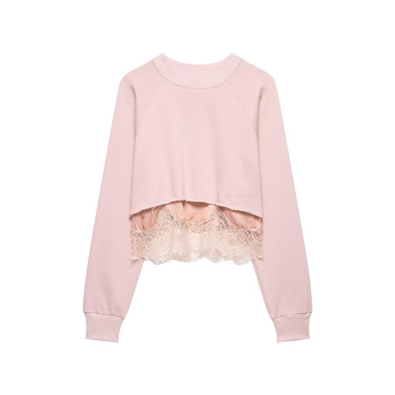 Spring 2026 European-American Lace Patchwork Cropped Hoodie Large