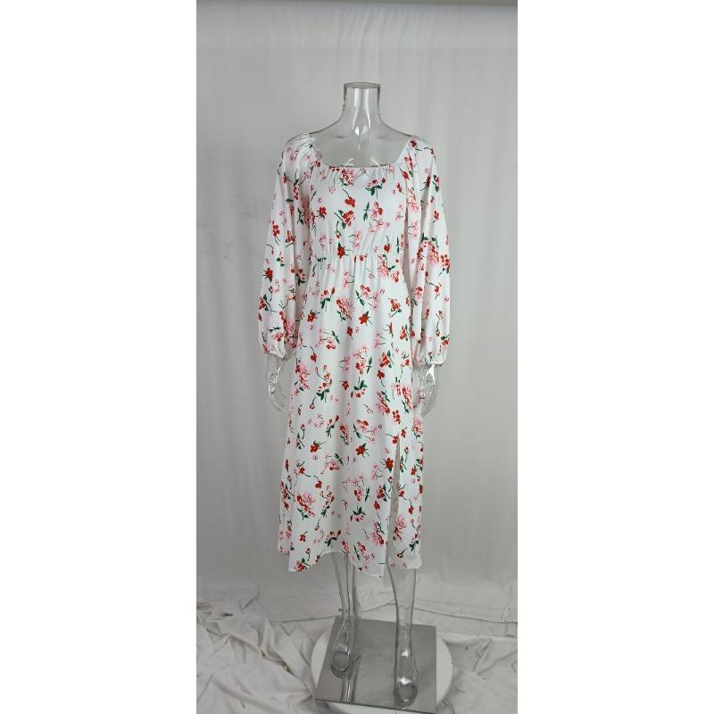 Spring Women's Temperament Elegant Printed Lantern Sleeve Split Dresses