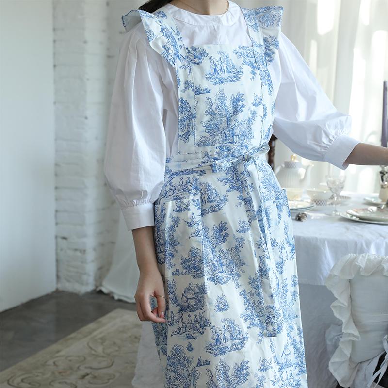 Long Retro Printed Cotton Ruffled Kitchen Apron with Pockets Summer Pleated Women's Cross-back Apron Water-resistant Pinafore
