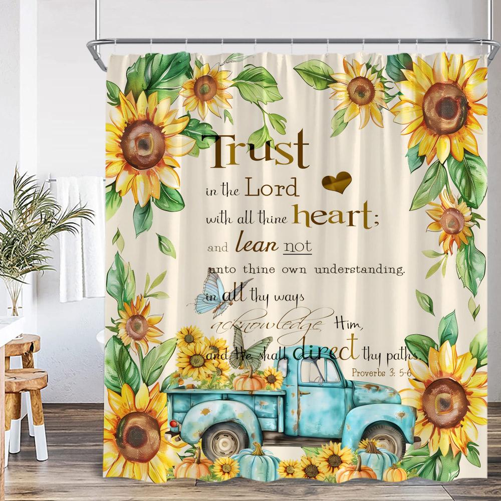 

Sunflower Farmhouse Shower Curtain Farmland Truck Motivational Quote Floral Polyester Bath Curtain Country Bathroom Decorations 90x180cm-35x70in