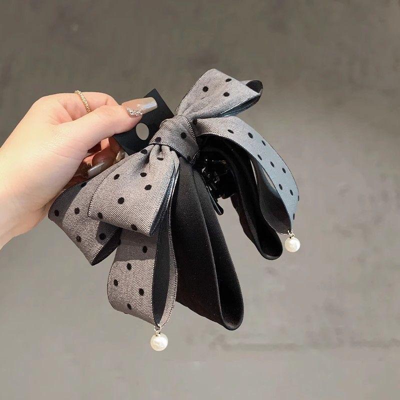 Elegant Gray Polka Dot Bow Hairpin For Women Girls High-End Temperament Ponytail Hair Claw  Hair Accessories Gift