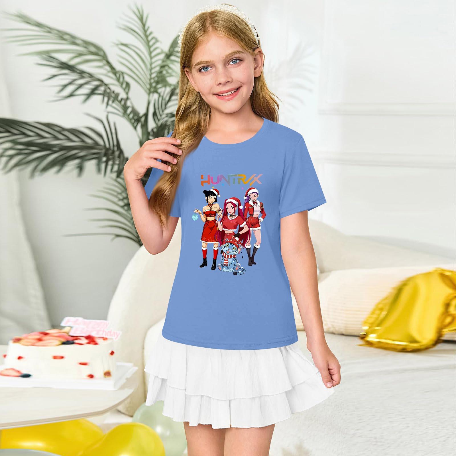 Girls  Round Neck Short Sleeves Christmas  Print Casual Short Sleeves 150