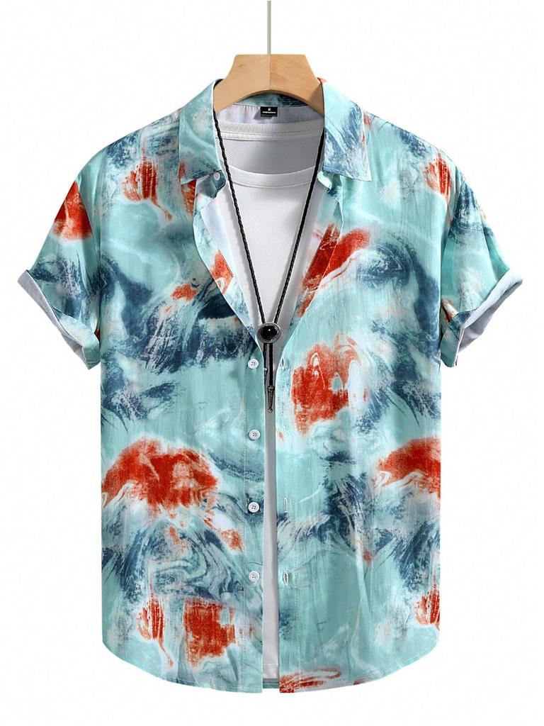 Tie-Dye Effect Men's Shirt – Vibrant Watercolor Wash Short Sleeve Button-Up with Psychedelic Swirl Patterns for Festival Style