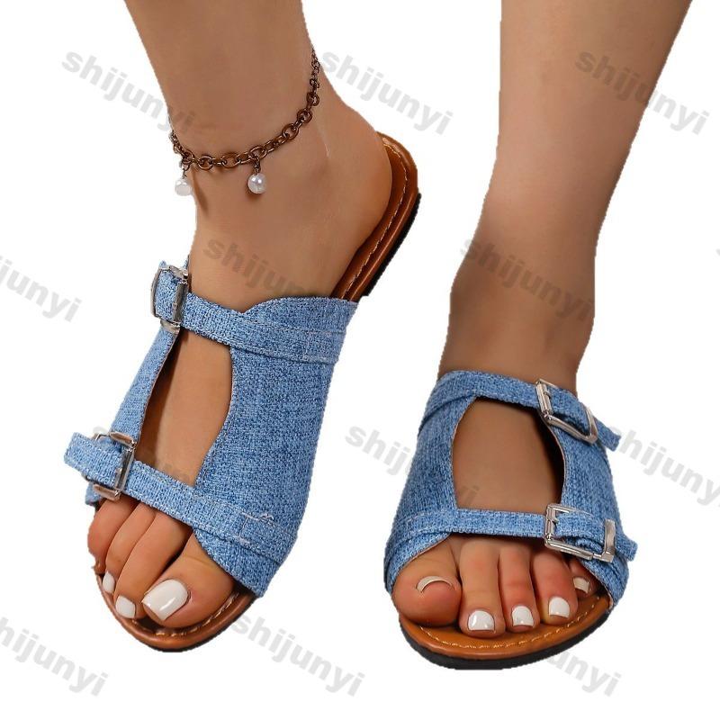 Fashion 2025 Summer New Women's Roman Style Solid Buckle Strap Design Flat Bottom Cool Slippers Comfortable Lightweight Fashion Sandals