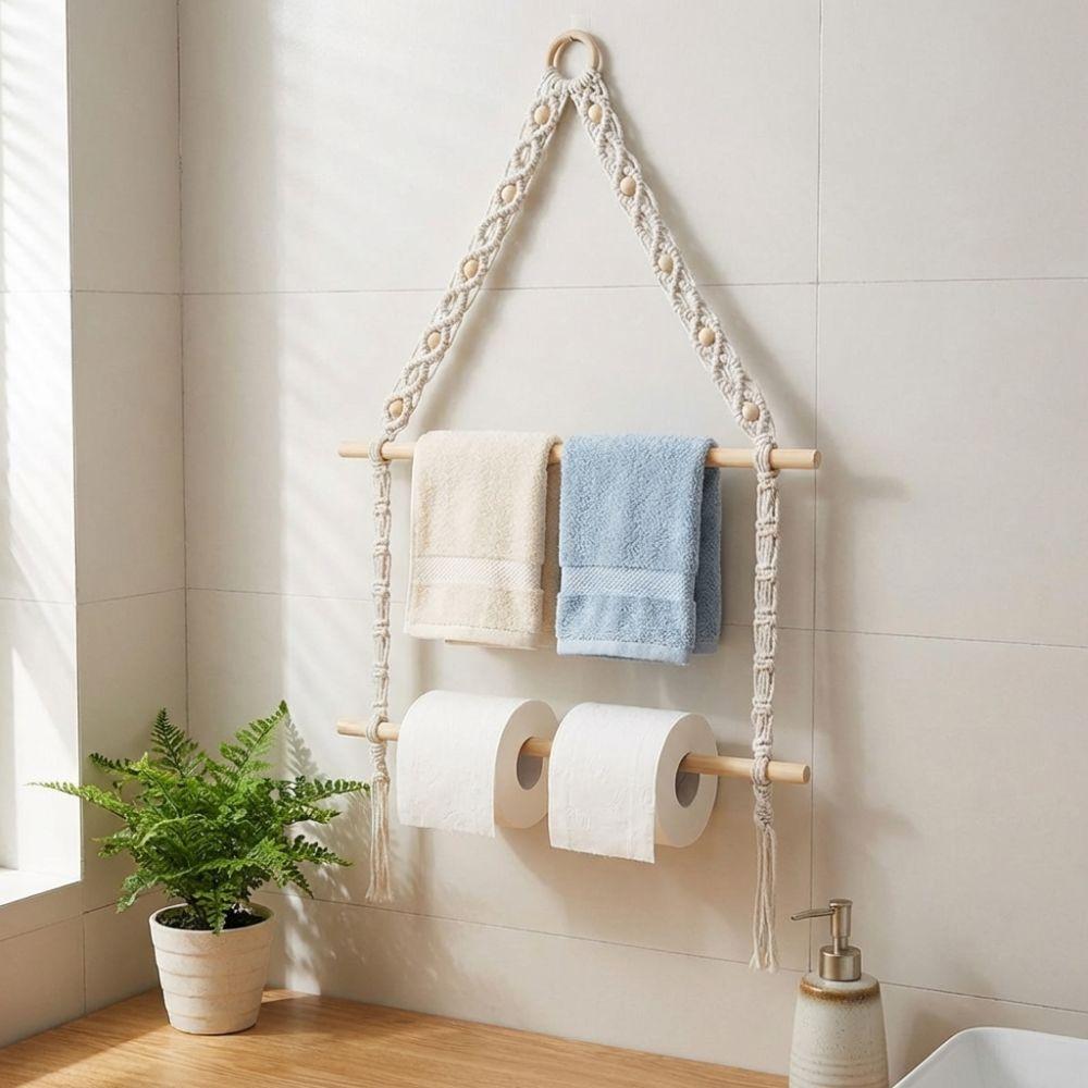 Double-layer Wooden Towel Holder Hand-woven Toilet Paper Holder Tissue Paper Racks  Bathroom