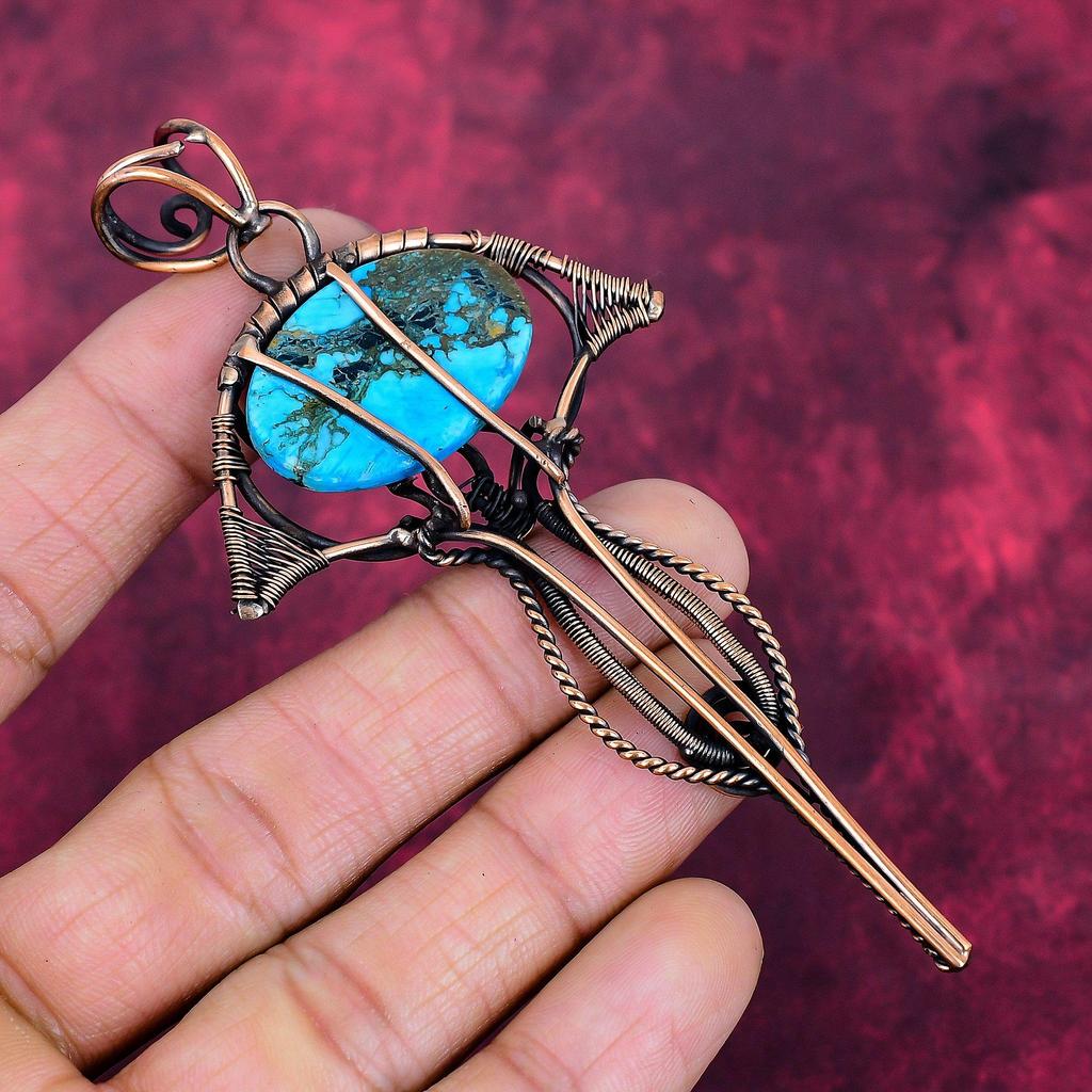 Tibetan Turquoise Pendant Handmade Gemstone Jewelry Copper Wire Wrapped Pendant