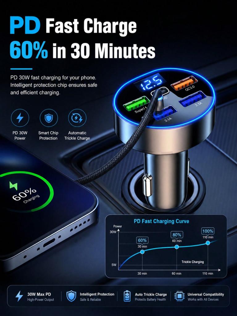 5-Port Car Charger PD+QC3.0 Fast Charger with Voltmeter USB-C Cigarette Lighter Adapter for iPhone 13 14 15 Android Phones
