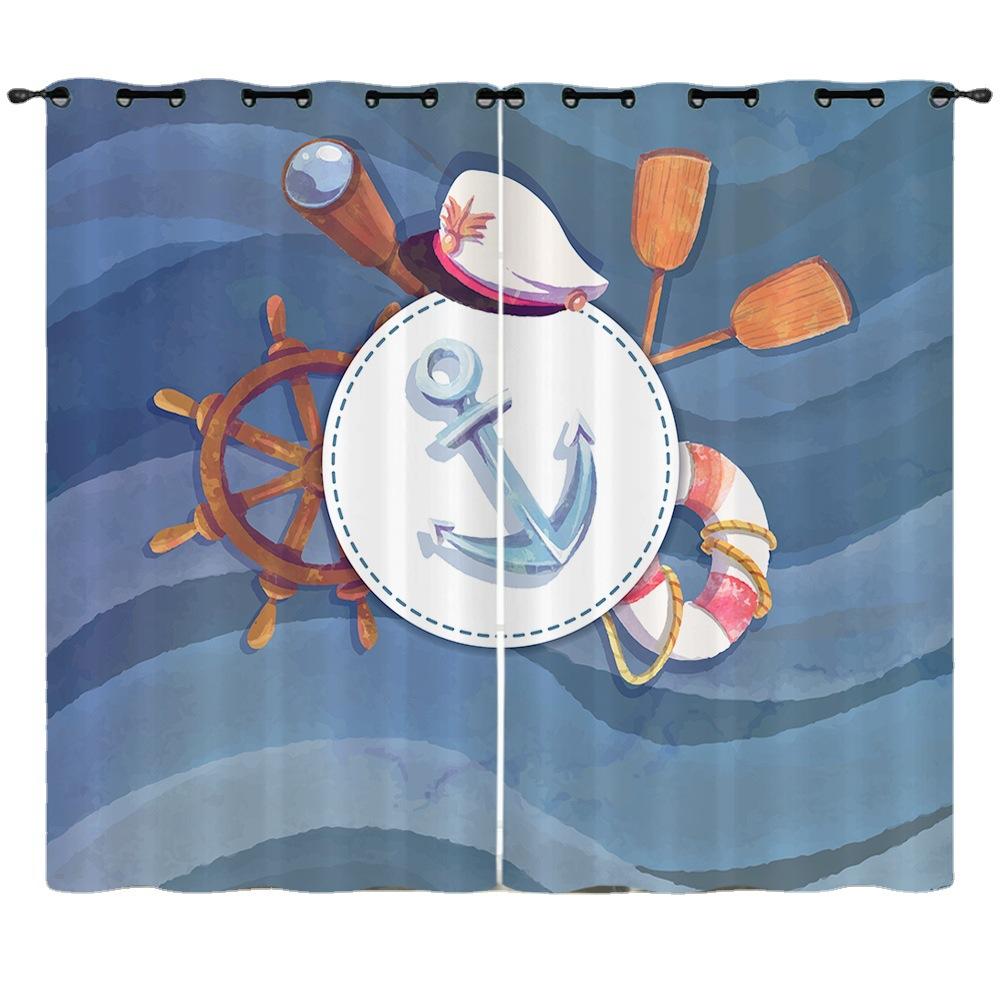 Curtains Nautical Anchor 3D Digital Printing Blinds Blackout Punching Can Be