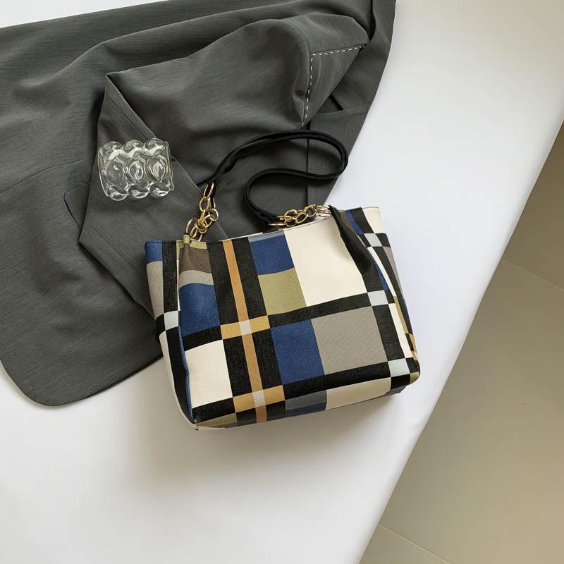 Chic Street Style Grid Tote Bag 2024 Summer Fashionable Pu Leather Handbag синий