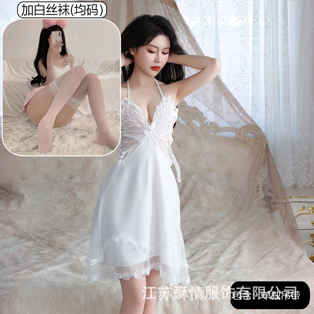Sexy Underwear Big Butterfly Pure Desire Mesh Pajamas Plus Chest Pads Gather Nightgown Robe Women's Loungewear Set