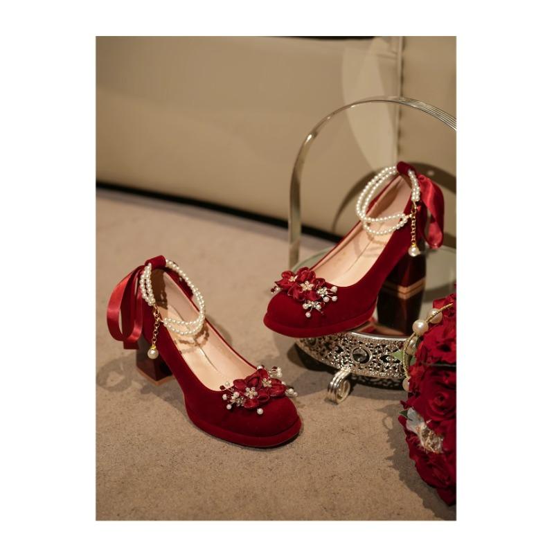 Fashion Red Wedding Shoes, Two-wear Wedding Dress, Mary Jane's Thick and High Heel Women's Shoes 2025 New Style