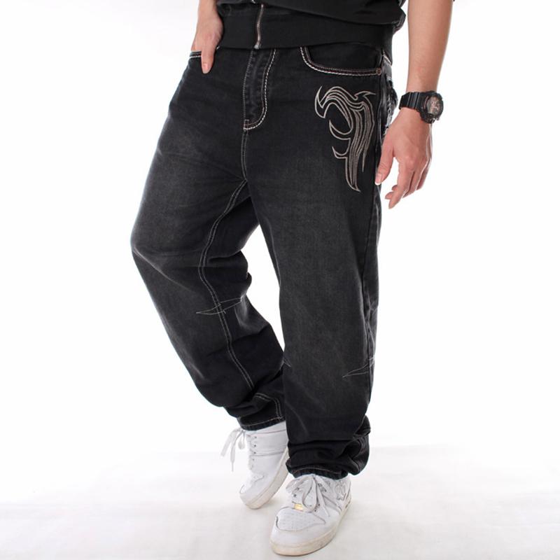 Jeans Denim Larghi Baggy Hiphop Skateboard da Uomo Ricamati Pantaloni Casual Neri Taglie Grandi 30-46 Streetwear per Ragazzi